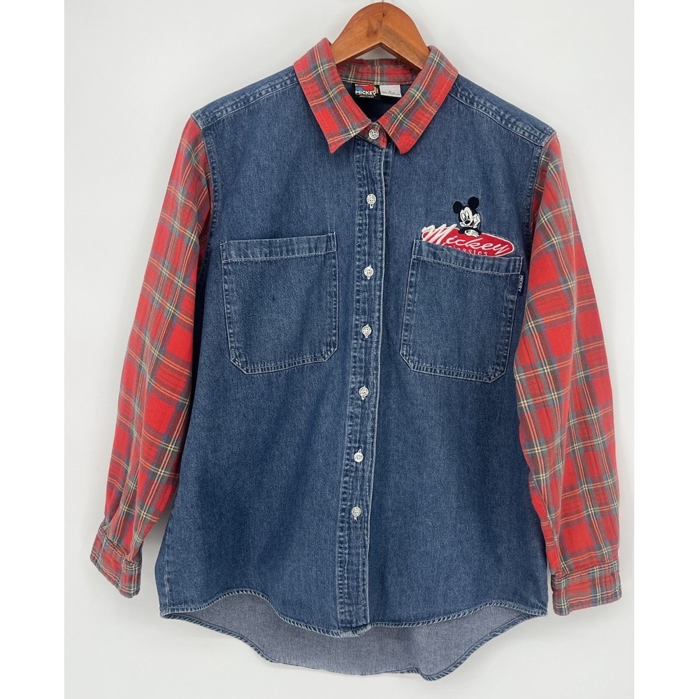 Vintage Women's Mickey Unlimited Mickey Classics Denim and Plaid LS Shirt Size L